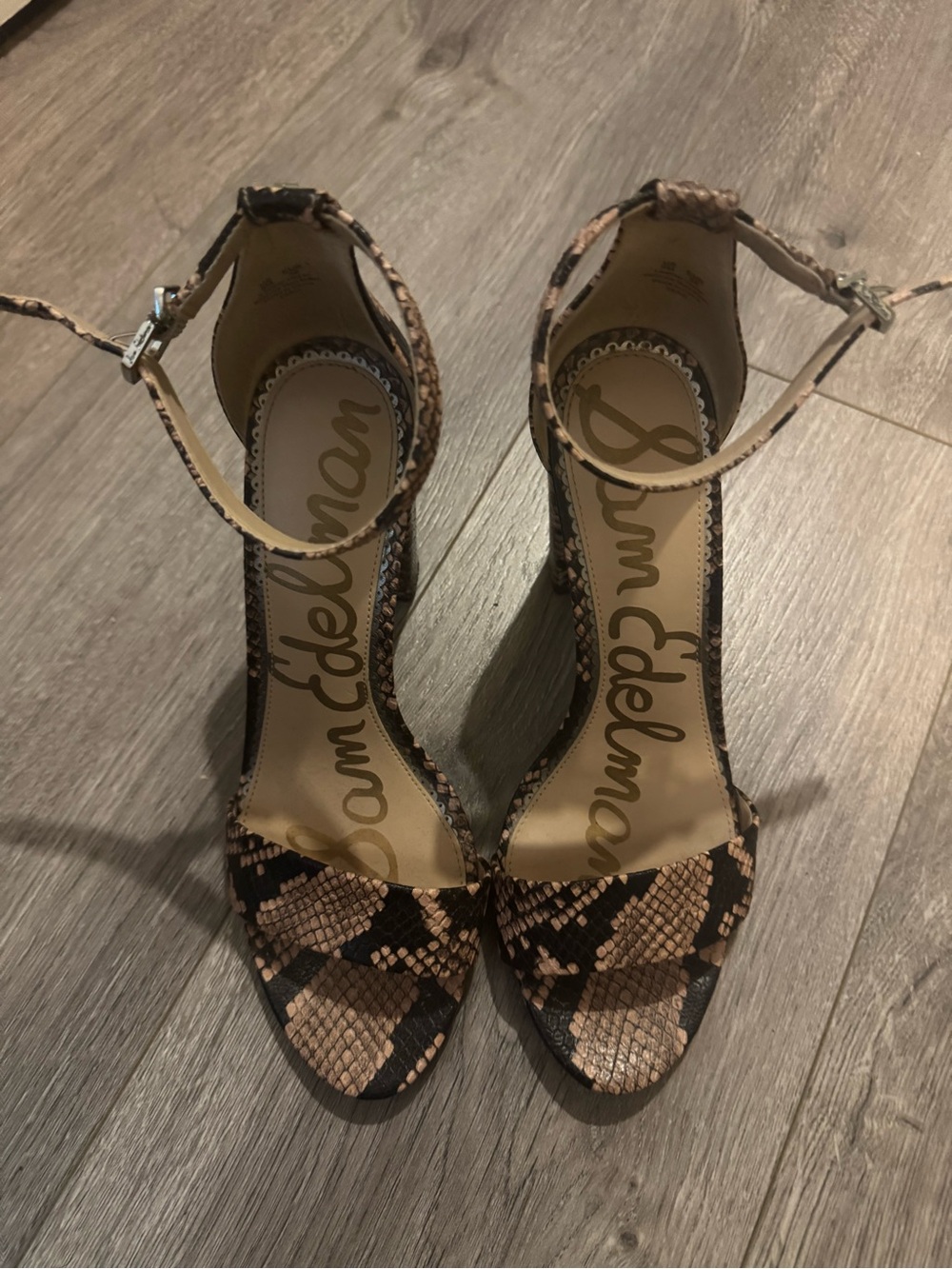 Sam Edelman Snake-Print Ankle-Strap Heels in Brown and Black